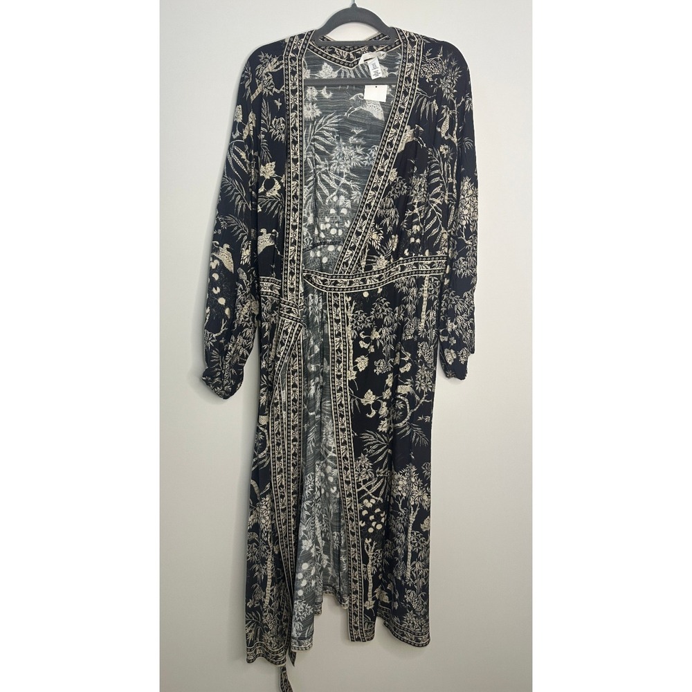 NWT H&M Long Sleeved Wrap Dress Tie Waist Black Cream Floral Print Midi Maxi XL - Picture 2 of 12